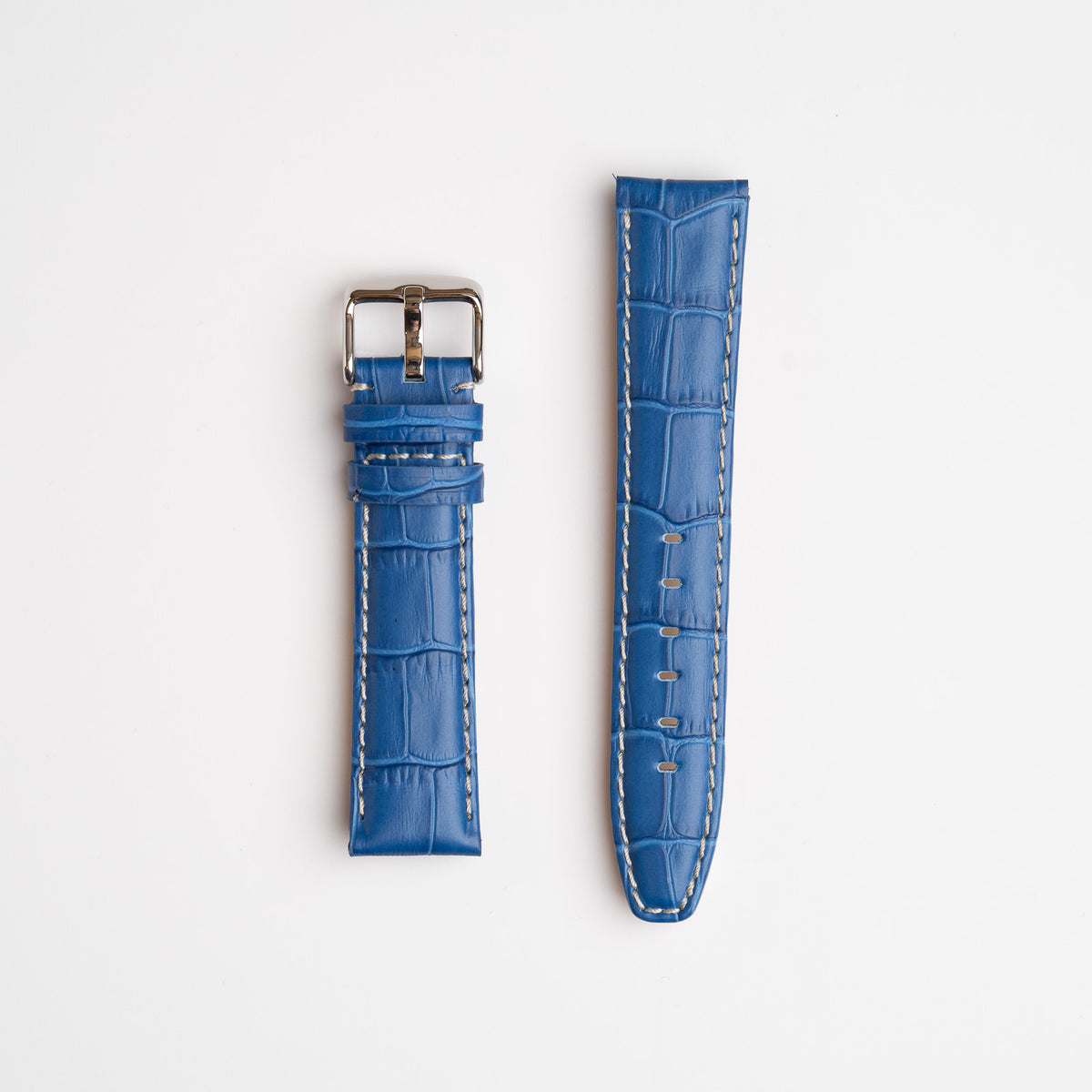 Blue Mayfair Alligator watch strap, laid flat with its buckle
