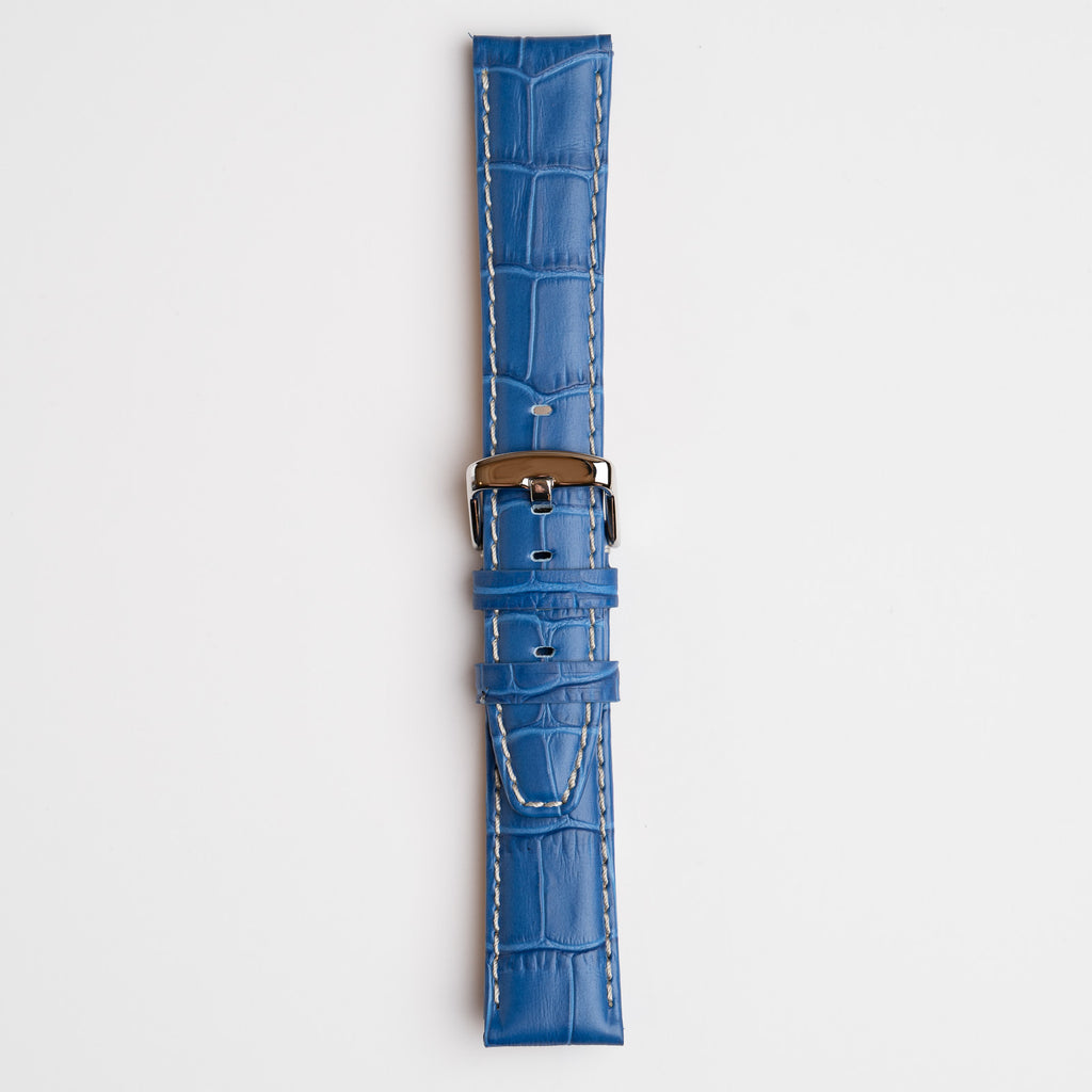 Blue Mayfair Alligator watch strap, buckled, front view