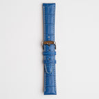 Blue Mayfair Alligator watch strap, buckled, front view