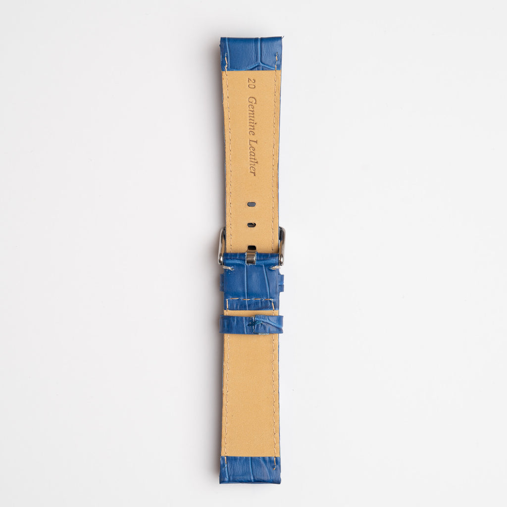 Blue Mayfair Alligator watch strap, buckled, back view
