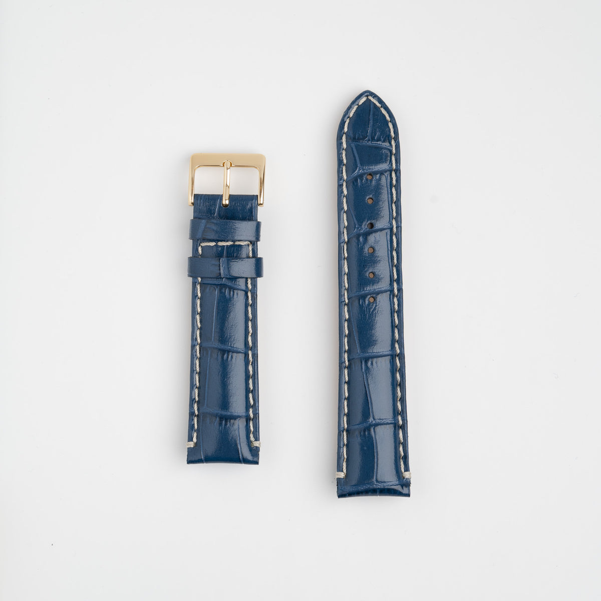 Blue Mayfair Classic watch strap, laid flat with its buckle