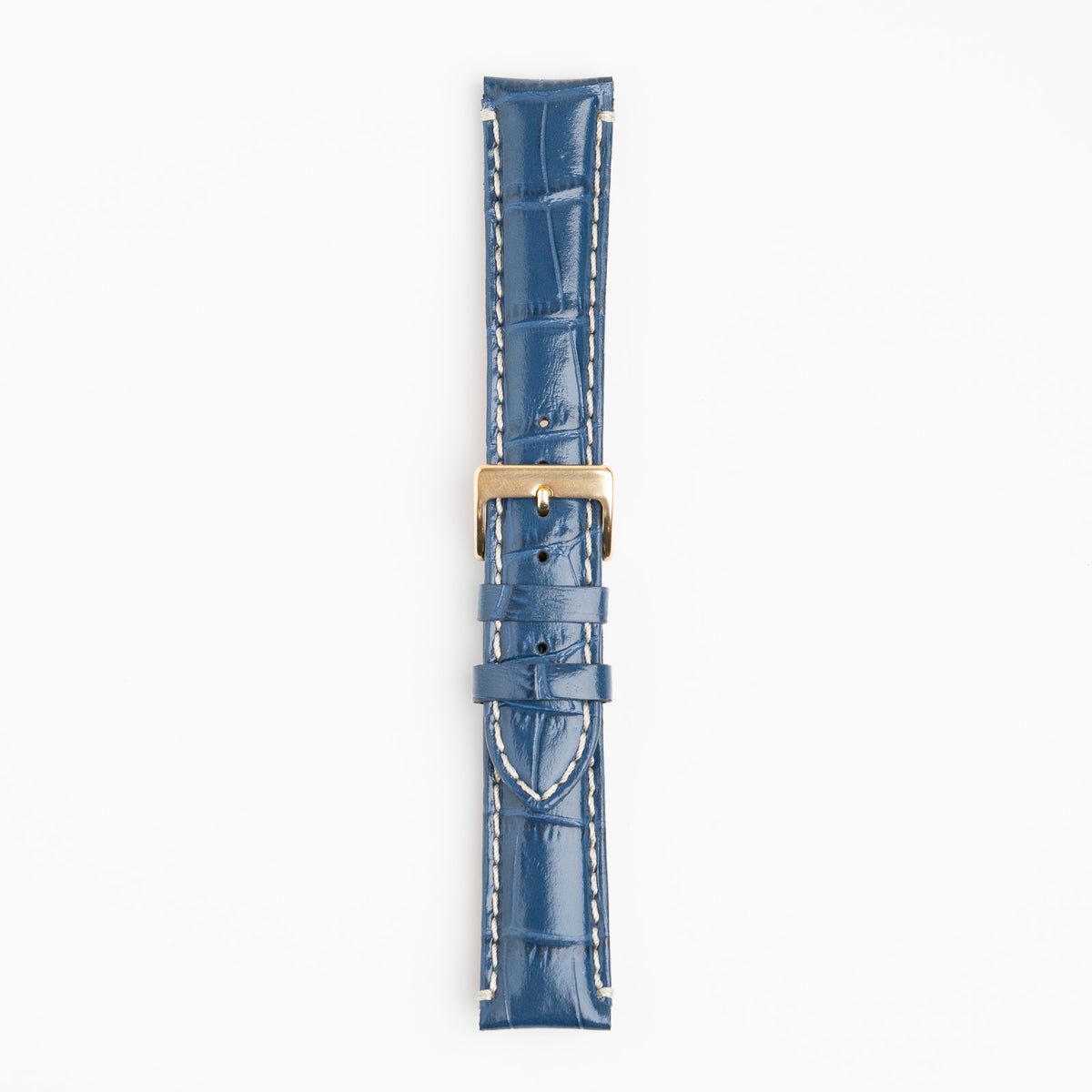 Blue Mayfair Classic watch strap, buckled, front view