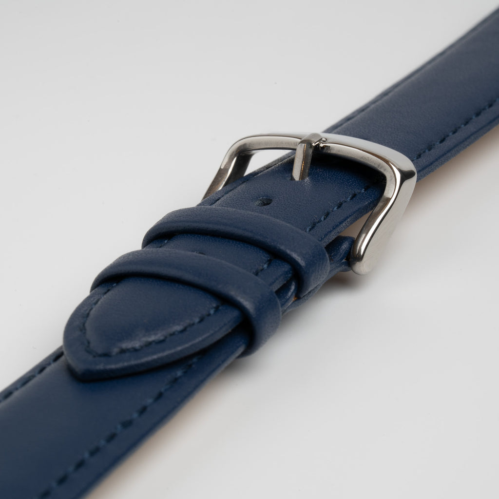 Smooth Curved Blue Watch Strap, close-up of the buckle and keepers