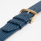 Blue Mayfair Lizard watch strap, close-up of the buckle and keepers