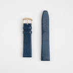 Blue Mayfair Lizard watch strap, laid flat with its buckle