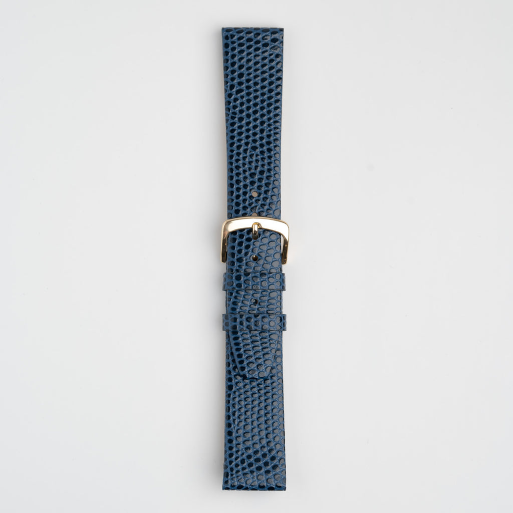 Blue Mayfair Lizard watch strap, buckled, front view