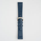 Blue Mayfair Lizard watch strap, buckled, front view