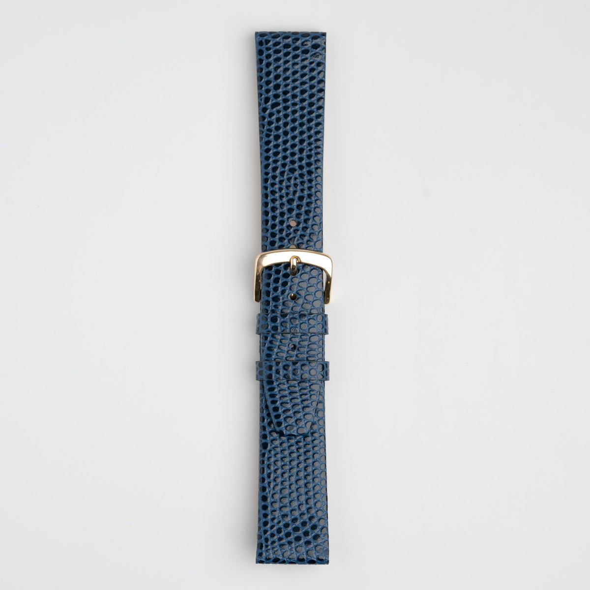 Blue Mayfair Lizard watch strap, buckled, front view