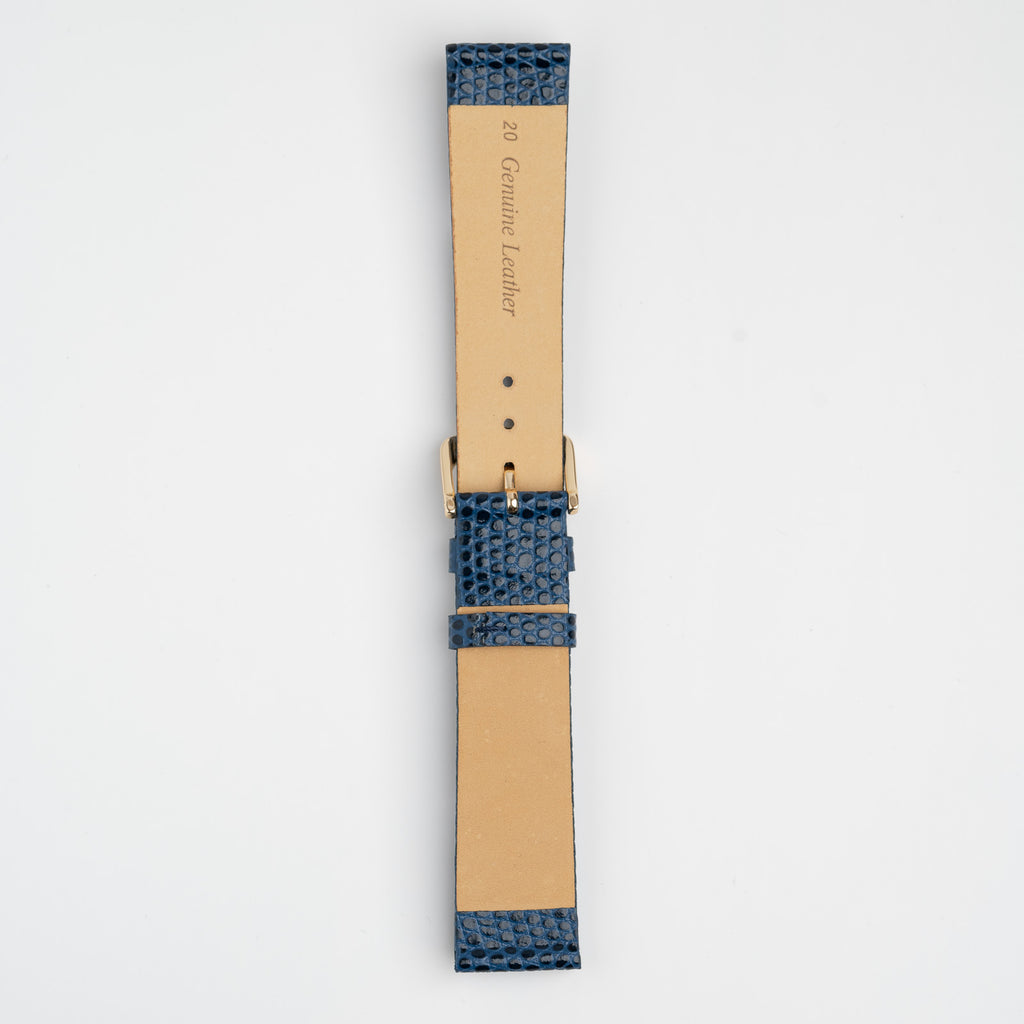 Blue Mayfair Lizard watch strap, buckled, back view