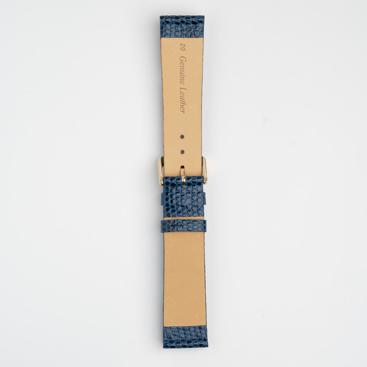 Blue Mayfair Lizard watch strap, buckled, back view