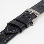 Handmade Alligator Grain Blue Watch Strap, close-up of the buckle and keepers