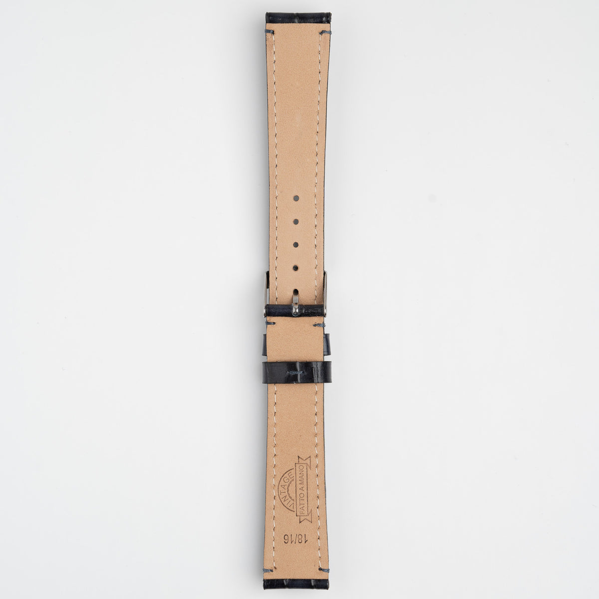 Handmade Alligator Grain Blue Watch Strap, underside showing the lining