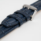 Blue Mayfair Contour watch strap, close-up of the buckle and keepers