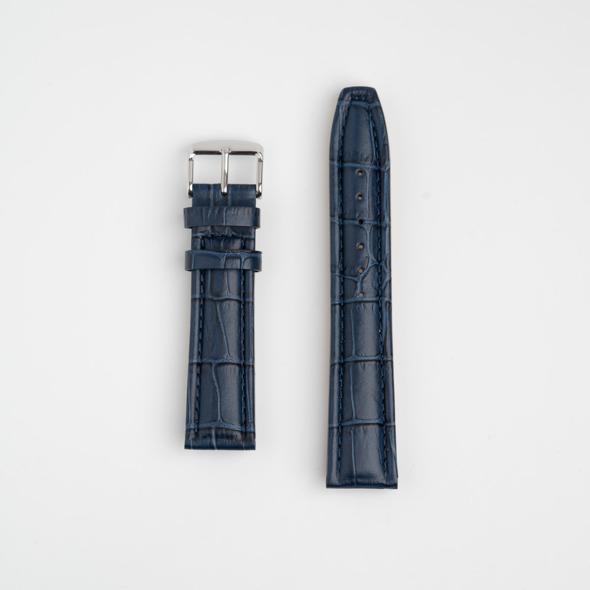 Blue Mayfair Contour watch strap, laid flat with its buckle