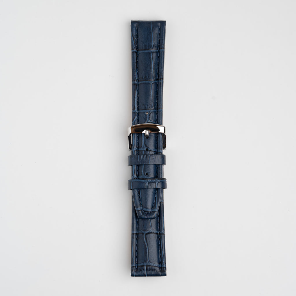 Blue Mayfair Contour watch strap, buckled, front view
