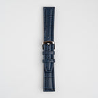 Blue Mayfair Contour watch strap, buckled, front view