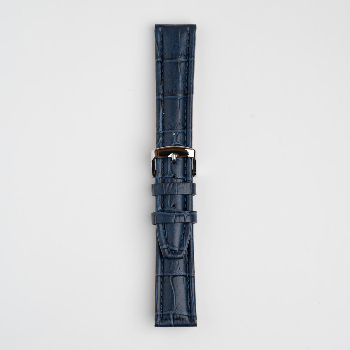Blue Mayfair Contour watch strap, buckled, front view