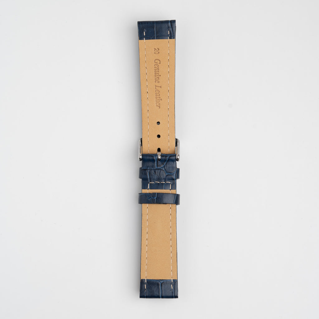 Blue Mayfair Contour watch strap, buckled, back view