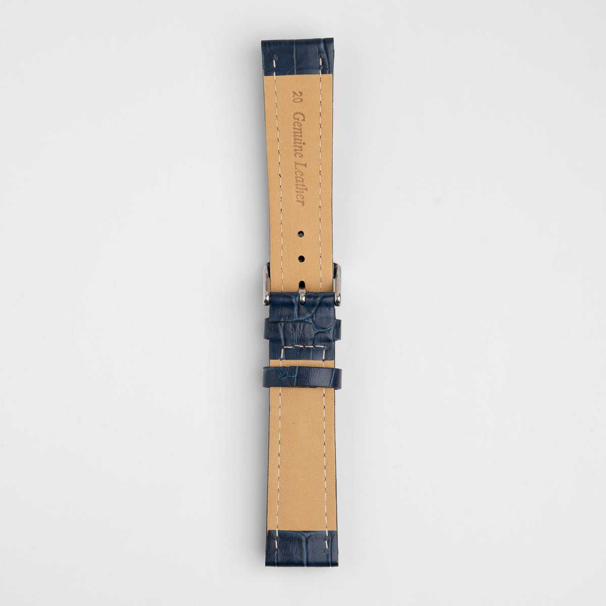 Blue Mayfair Contour watch strap, buckled, back view