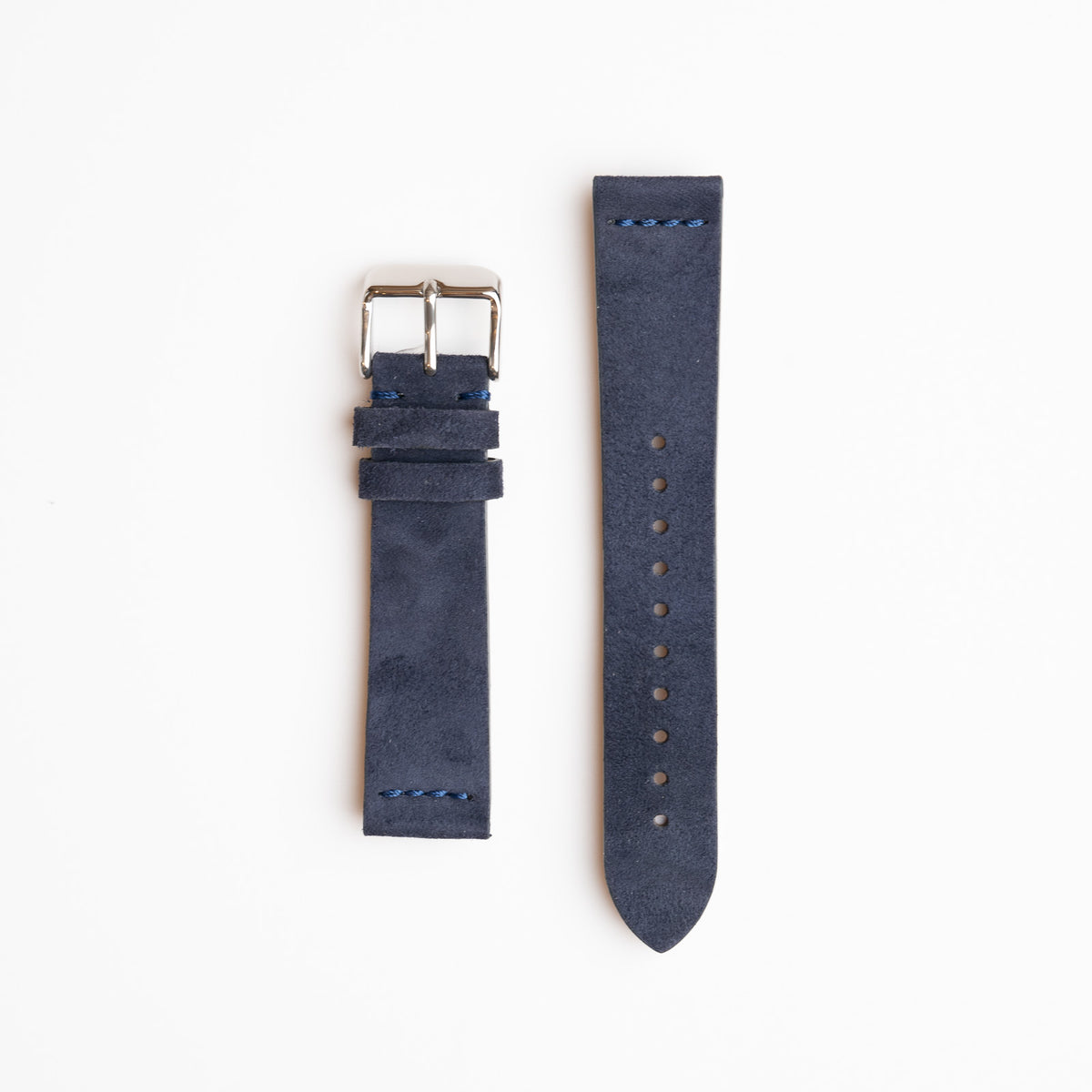A blue coloured napped suede watch strap with a silver buckle available in 18mm, 20mm & 22mm, displayed flat on a white background.