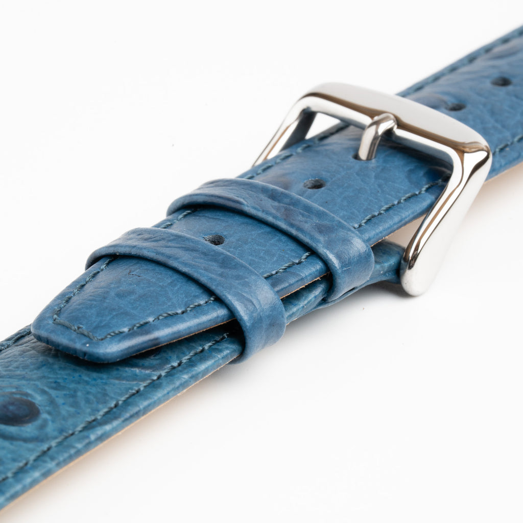 Sandbanks Ostrich Blue Watch Strap, close-up of the buckle and keepers