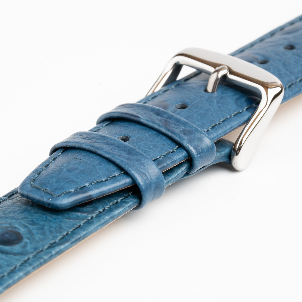 Sandbanks Ostrich Blue Watch Strap, close-up of the buckle and keepers