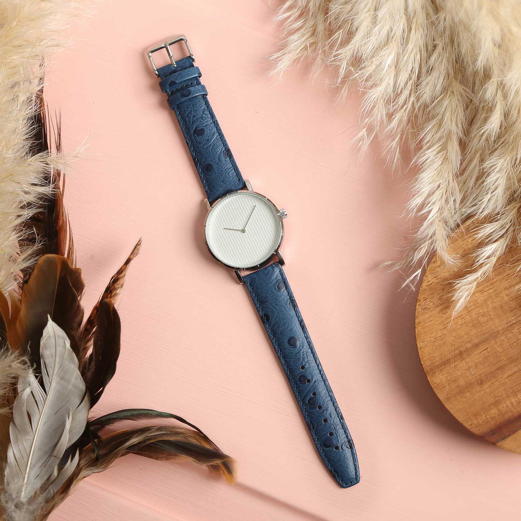 Sandbanks Ostrich Blue Watch Strap, shown on a watch