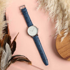 Sandbanks Ostrich Blue Watch Strap, shown on a watch