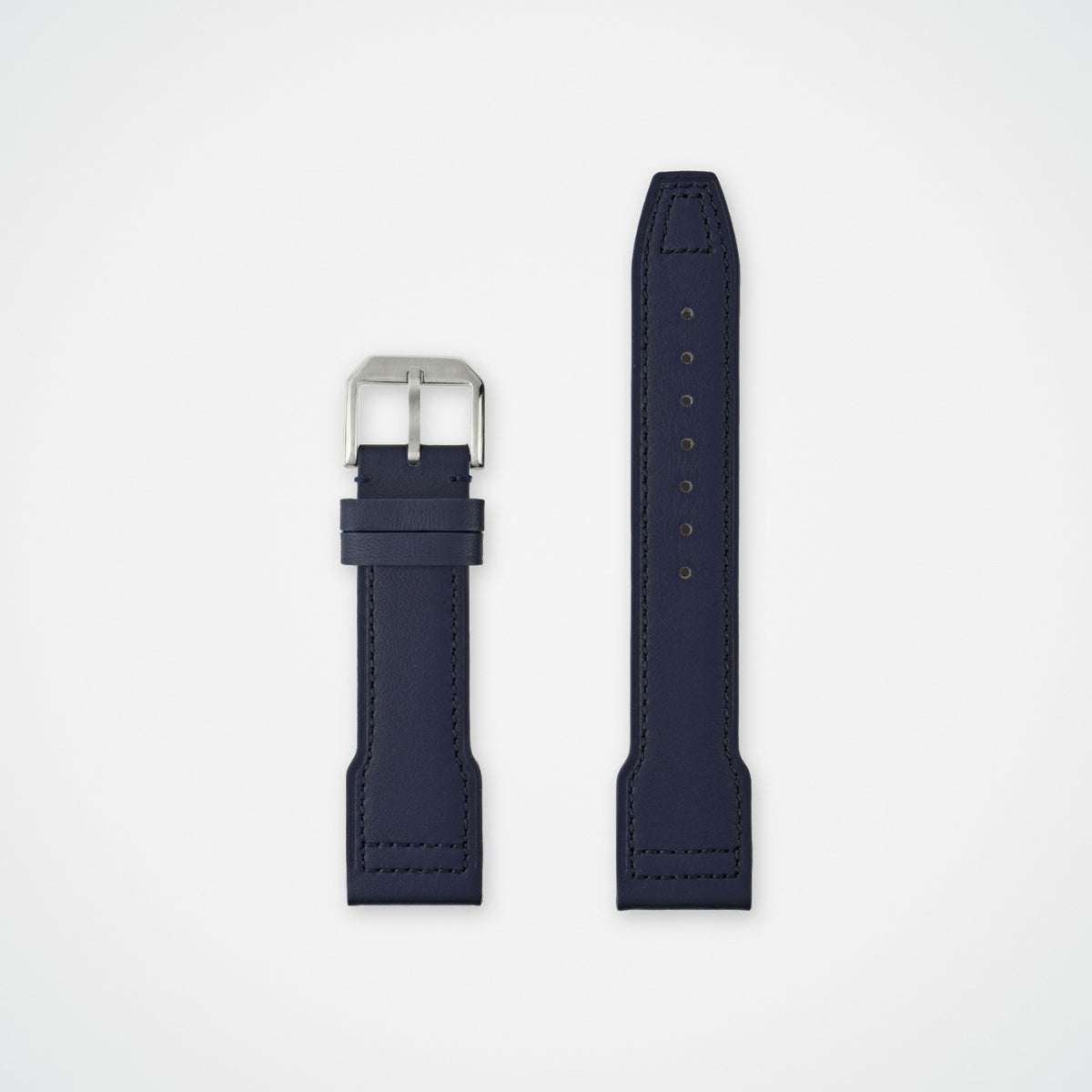 Blue pilot stitched leather watch strap for IWC, laid flat