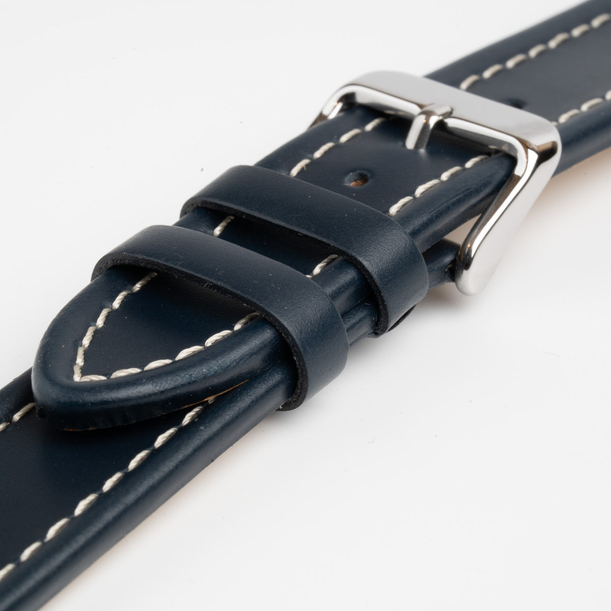 Raised Edge Oil Leather Blue Watch Strap, close-up of the buckle and keepers