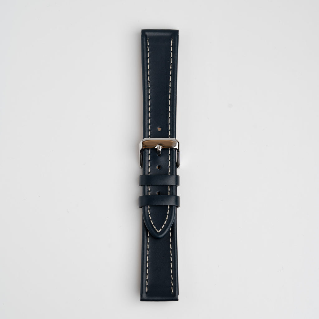 Raised Edge Oil Leather Blue Watch Strap, buckled up, front view