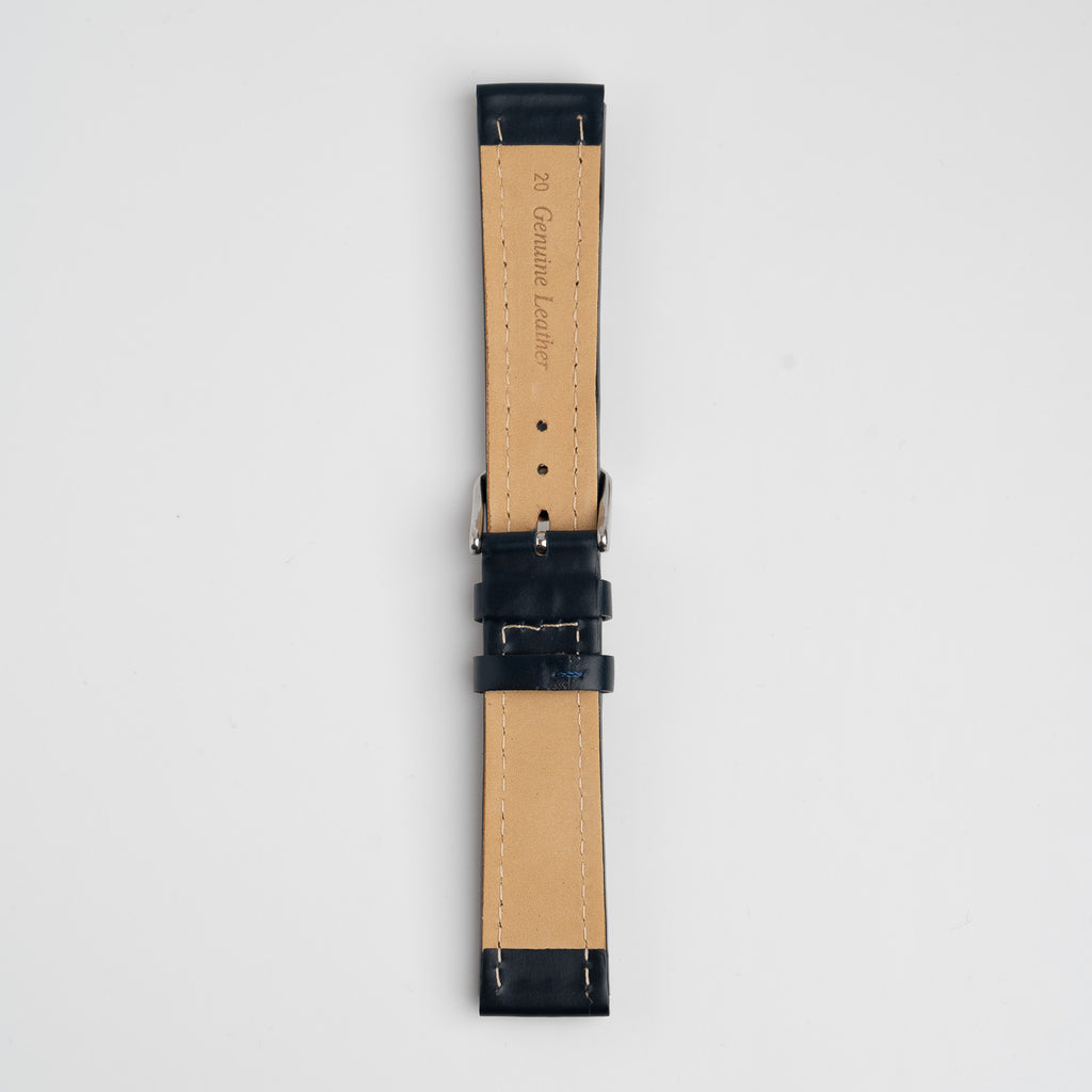 Raised Edge Oil Leather Blue Watch Strap, underside showing the lining
