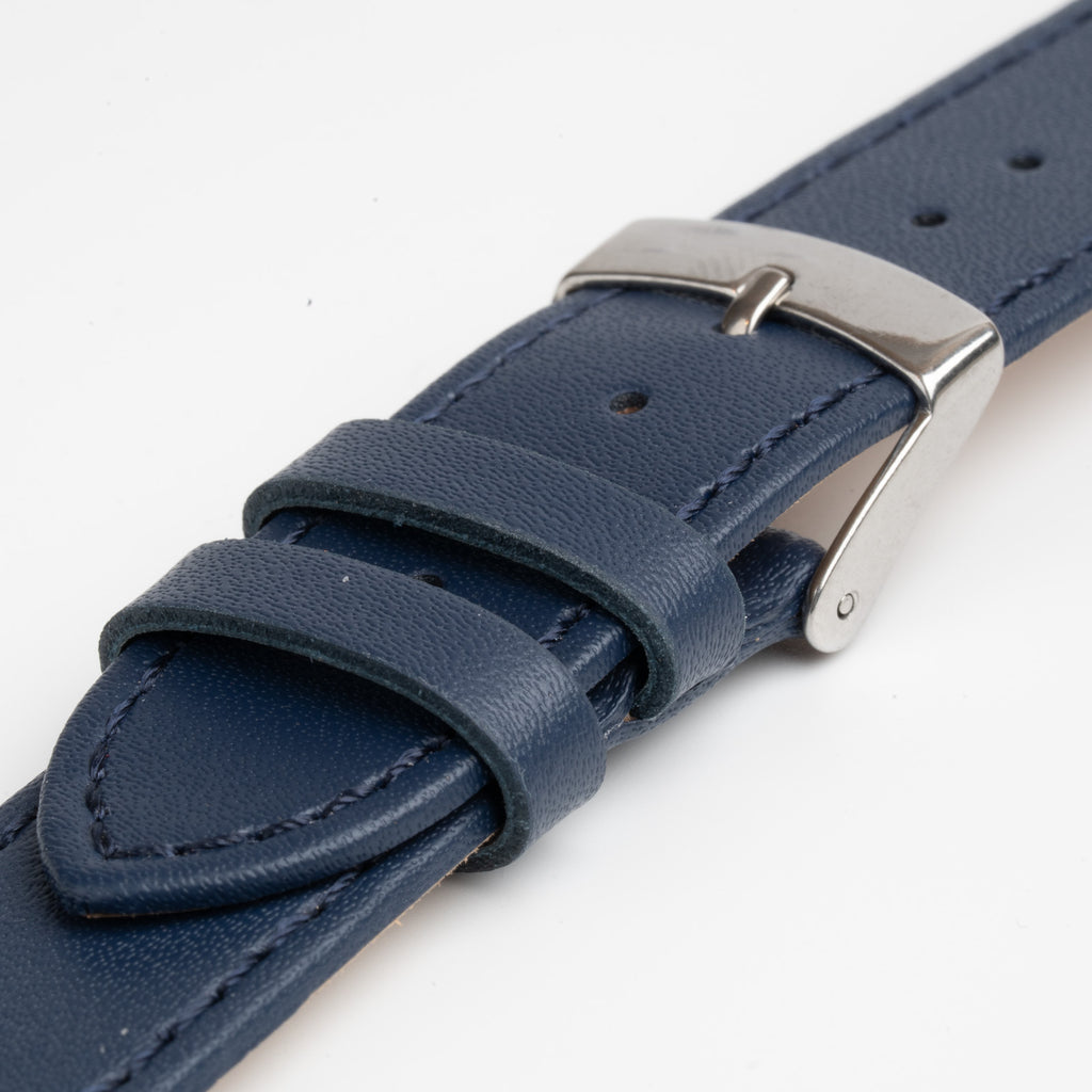 Blue Mayfair Subtle Quick Release watch strap, close-up of the buckle and keepers