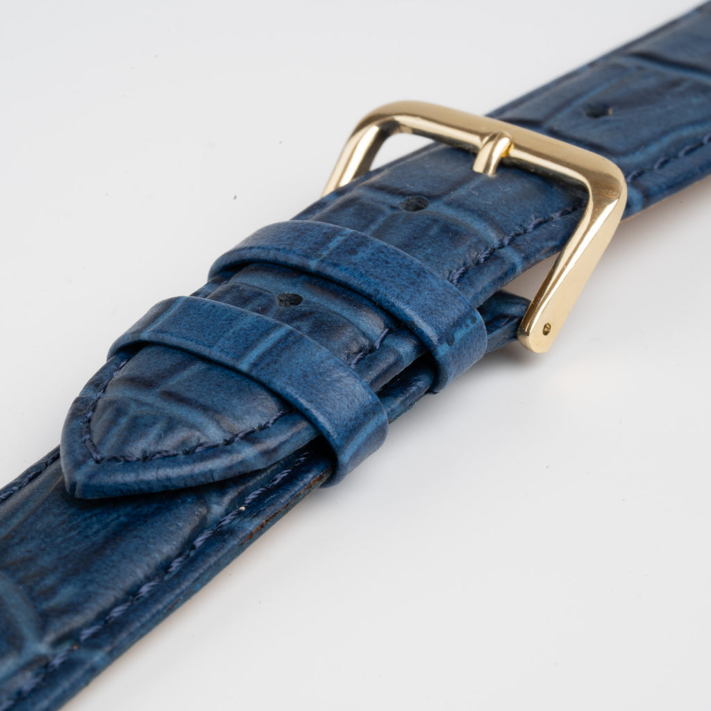 Alligator Value Padded Blue Watch Strap, close-up of the buckle and keepers