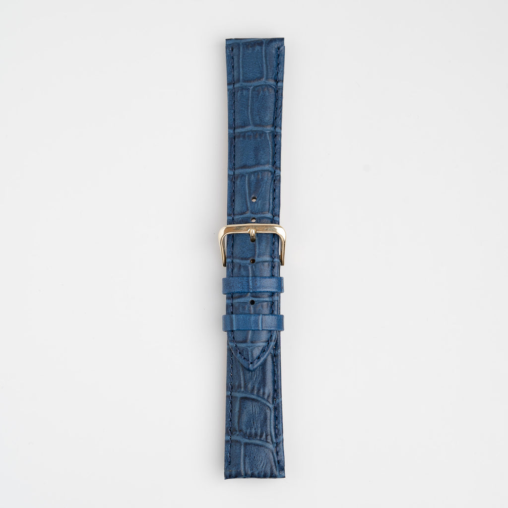 Alligator Value Padded Blue Watch Strap, buckled up, front view