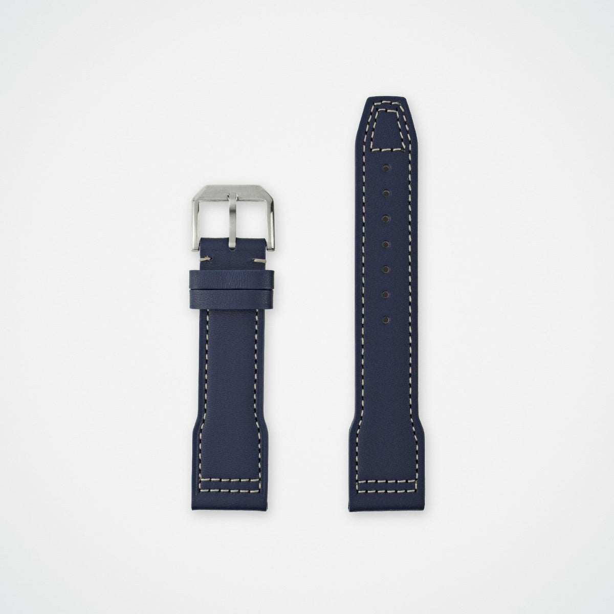Blue pilot leather watch strap for IWC with white stitching, laid flat