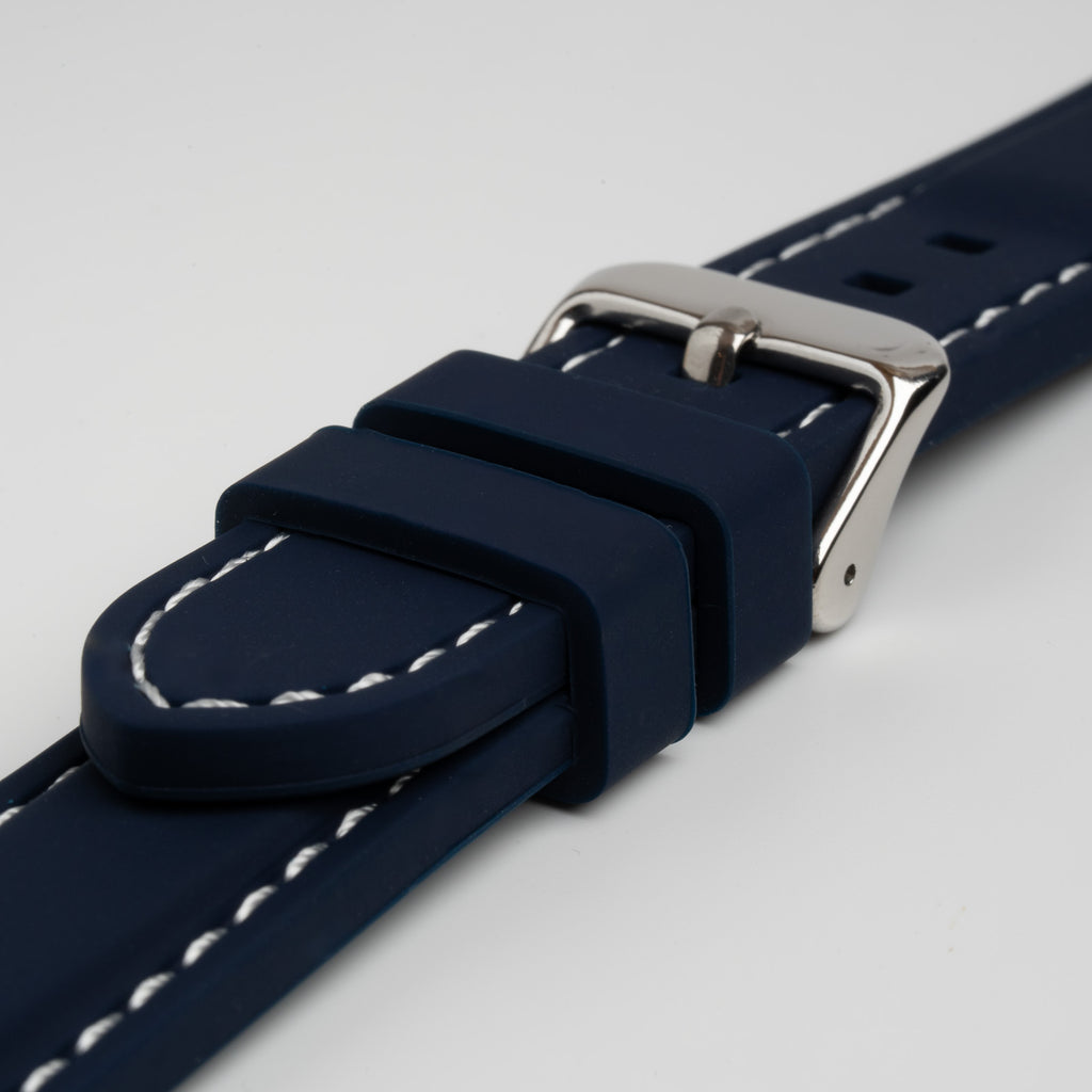 Submerge Extent Blue & White Watch Strap, close-up of the buckle and keepers