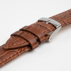Brown Mayfair Super Quick Release watch strap, close-up of the buckle and keepers