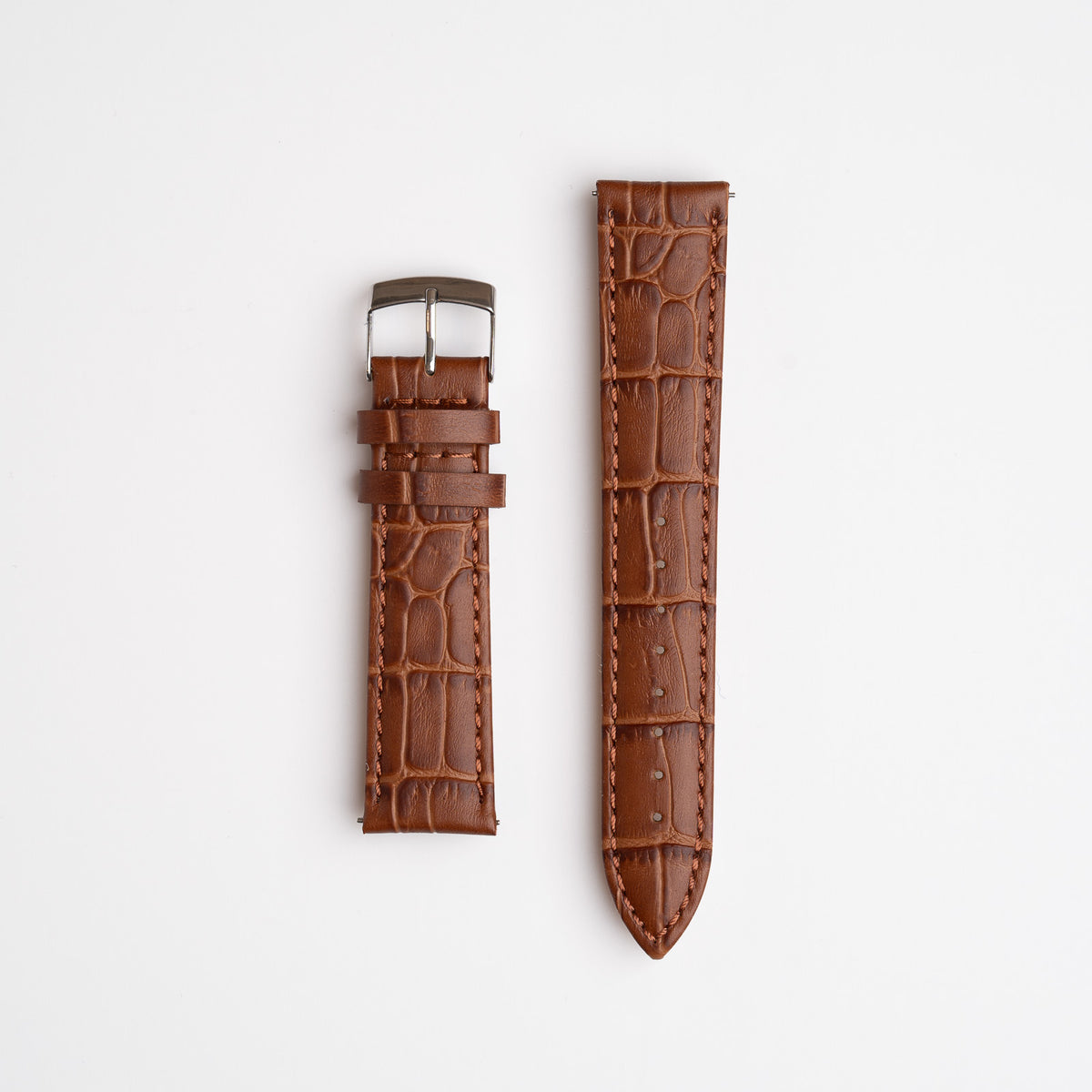 Brown Mayfair Super Quick Release watch strap, laid flat with its buckle