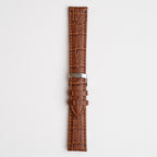 Brown Mayfair Super Quick Release watch strap, buckled, front view