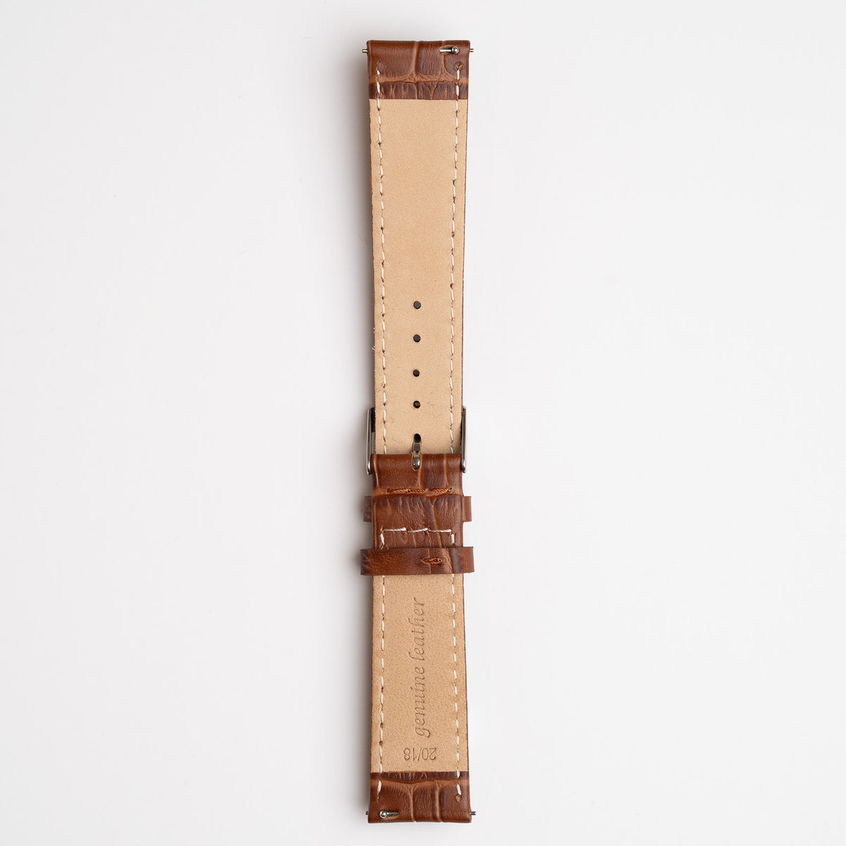 Brown Mayfair Super Quick Release watch strap, buckled, back view