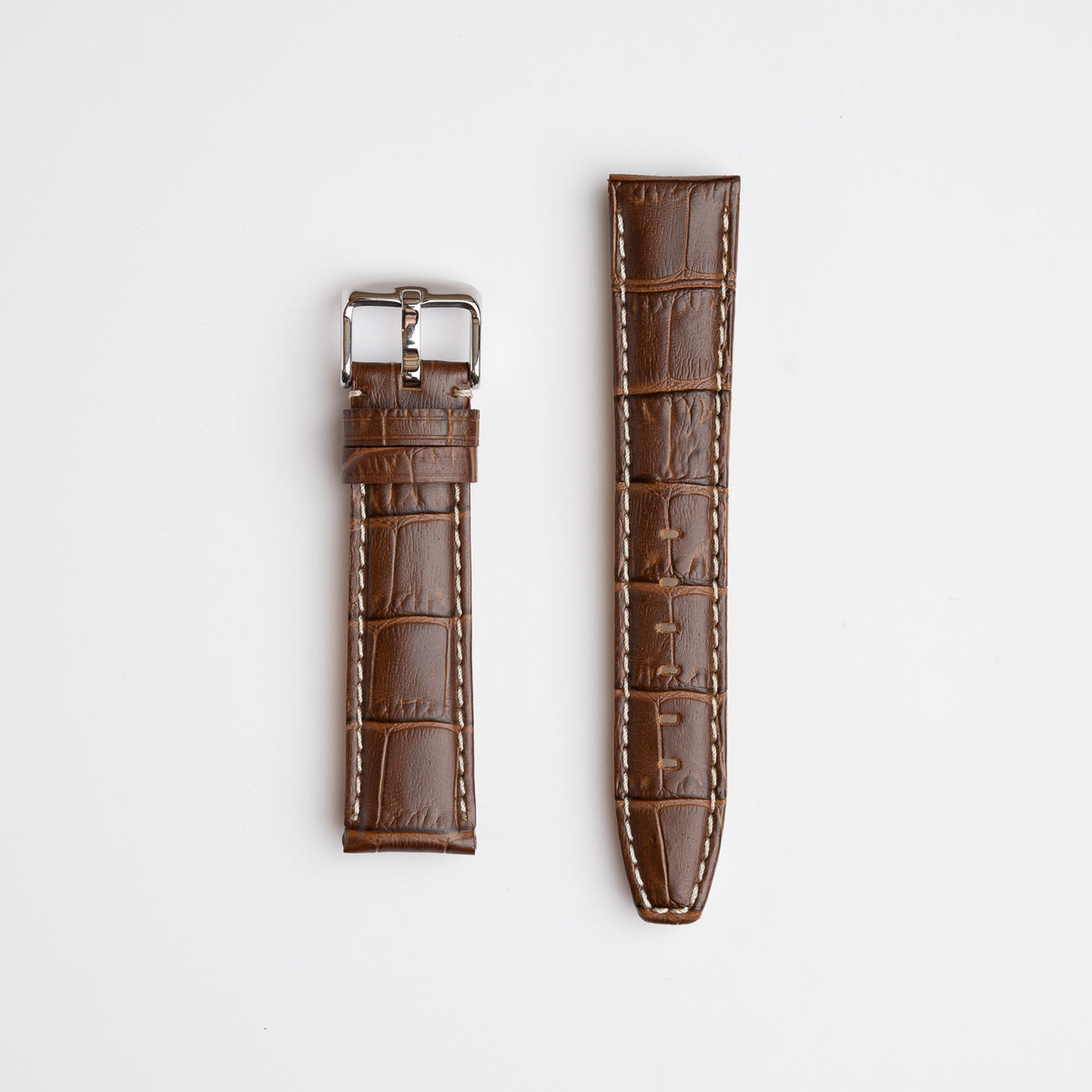 Brown Mayfair Alligator watch strap, laid flat with its buckle