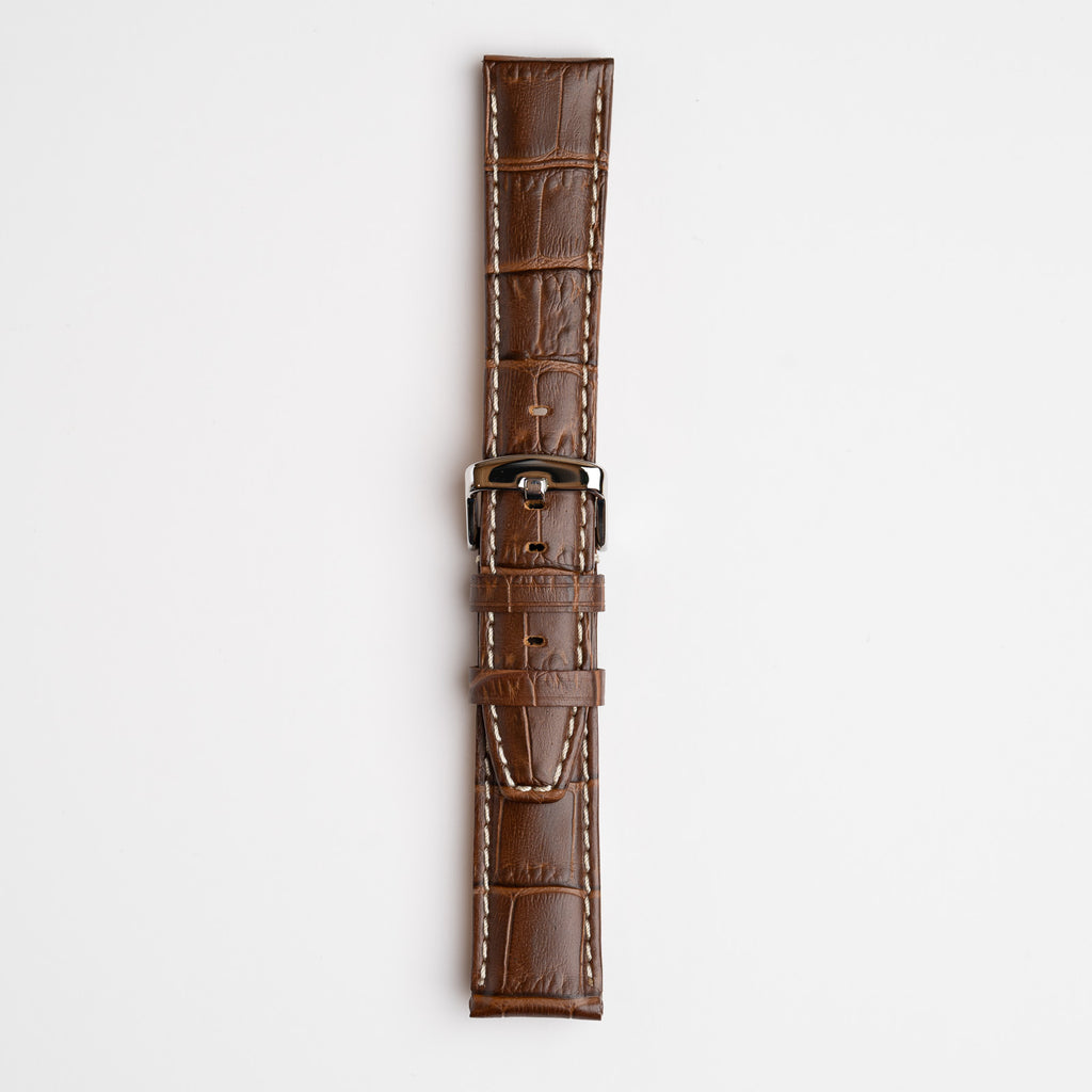 Brown Mayfair Alligator watch strap, buckled, front view