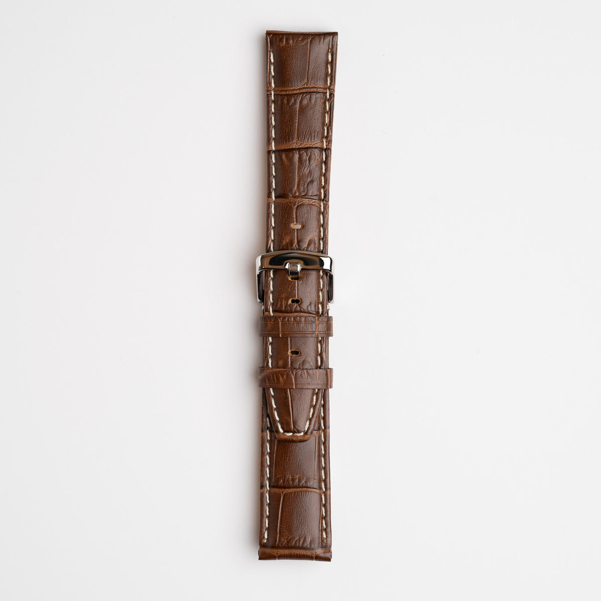 Brown Mayfair Alligator watch strap, buckled, front view