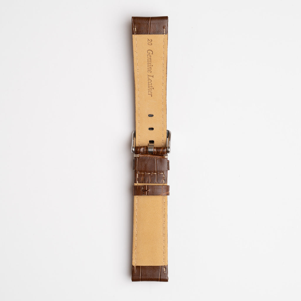 Brown Mayfair Alligator watch strap, buckled, back view