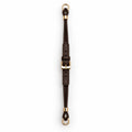 A dark brown cordette leather strap with gold-tone hardware, featuring a central buckle closure, a top loop, and a bottom ring, shown against a plain white background.
