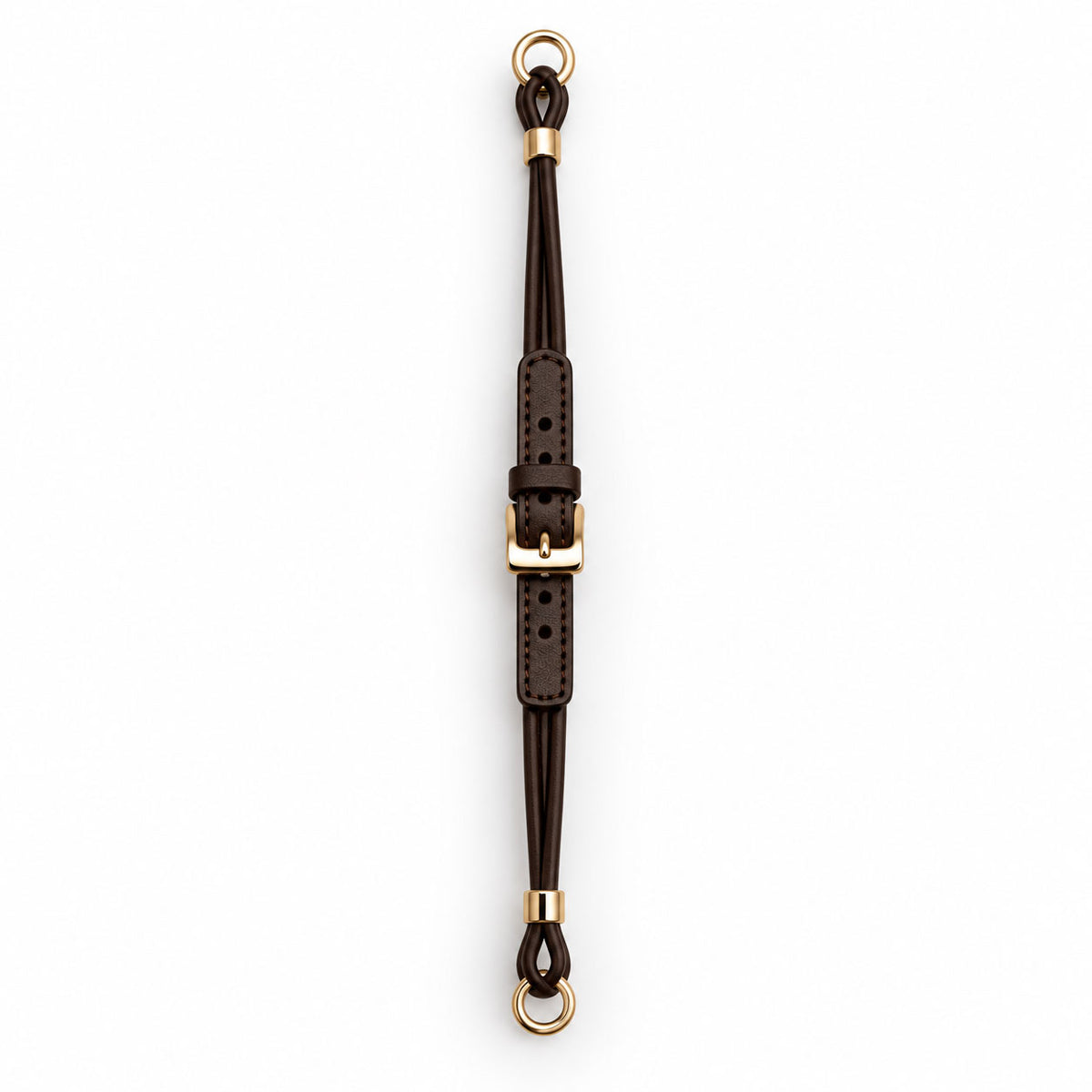 A dark brown cordette leather strap with gold-tone hardware, featuring a central buckle closure, a top loop, and a bottom ring, shown against a plain white background.
