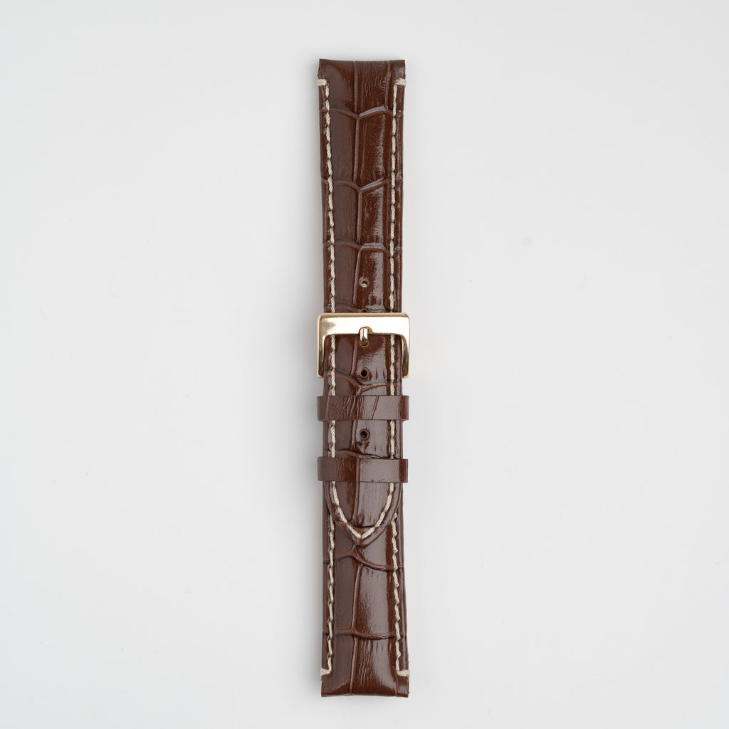 Brown Mayfair Classic watch strap, buckled, front view