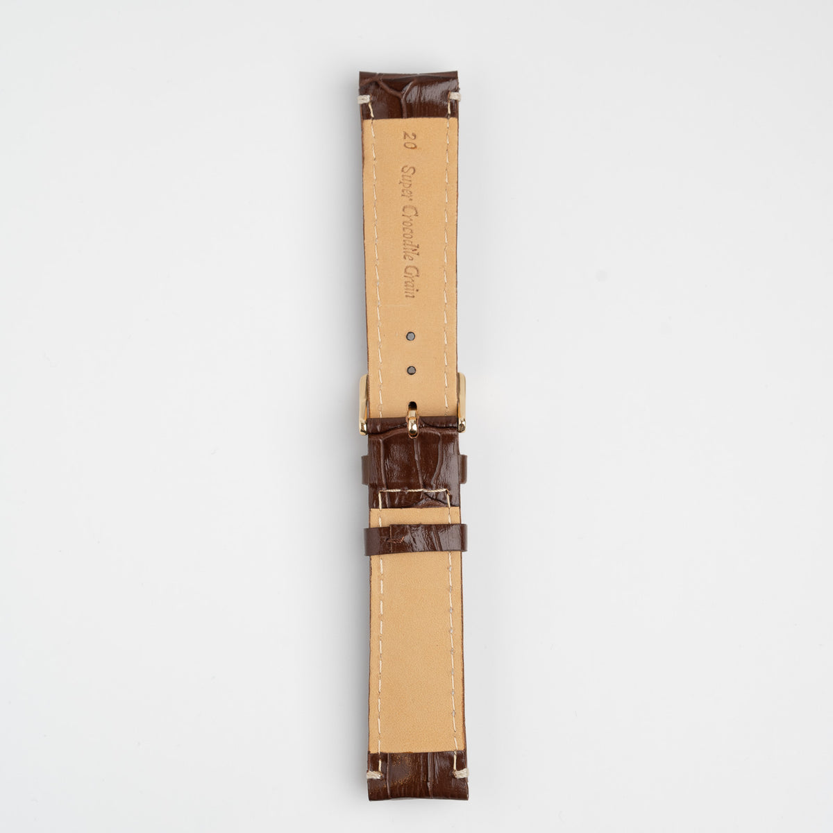 Brown Mayfair Classic watch strap, buckled, back view