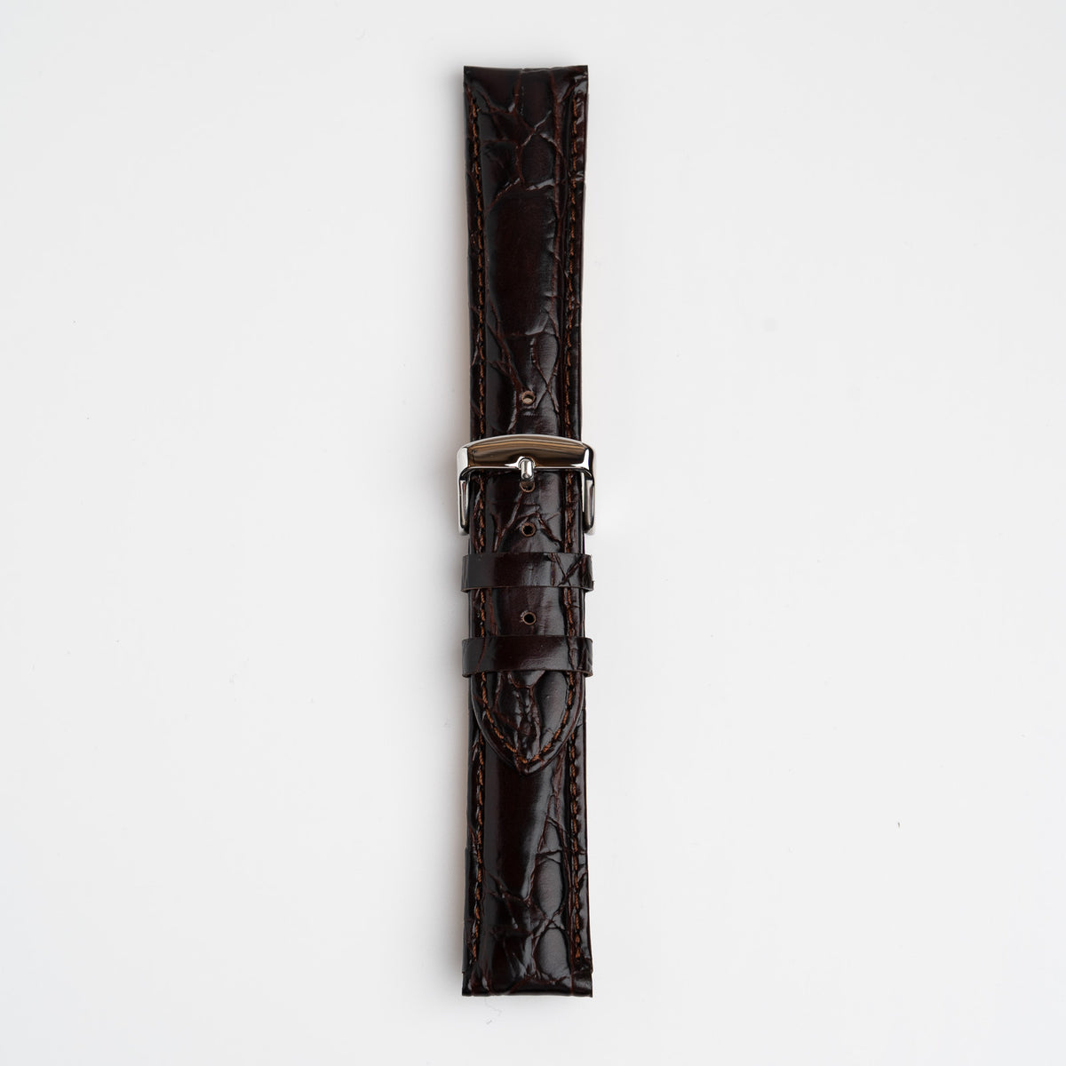 Brown Mayfair Super watch strap, buckled, front view